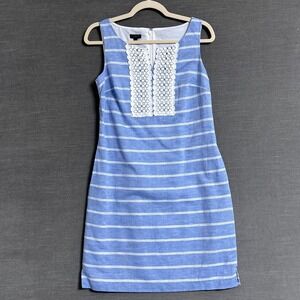 Talbots Dress 4 Petite Blue White Striped Linen Blend Preppy Nautical Coastal